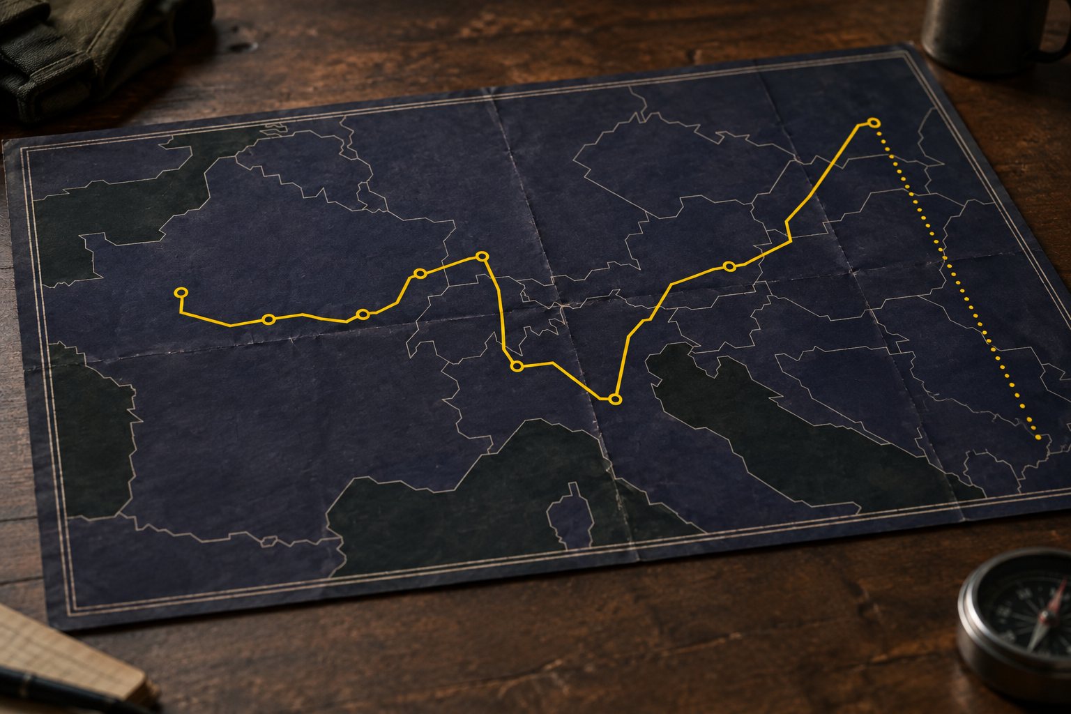 Interrail poster with yellow train route forming a sentence across a stylised map of Europe