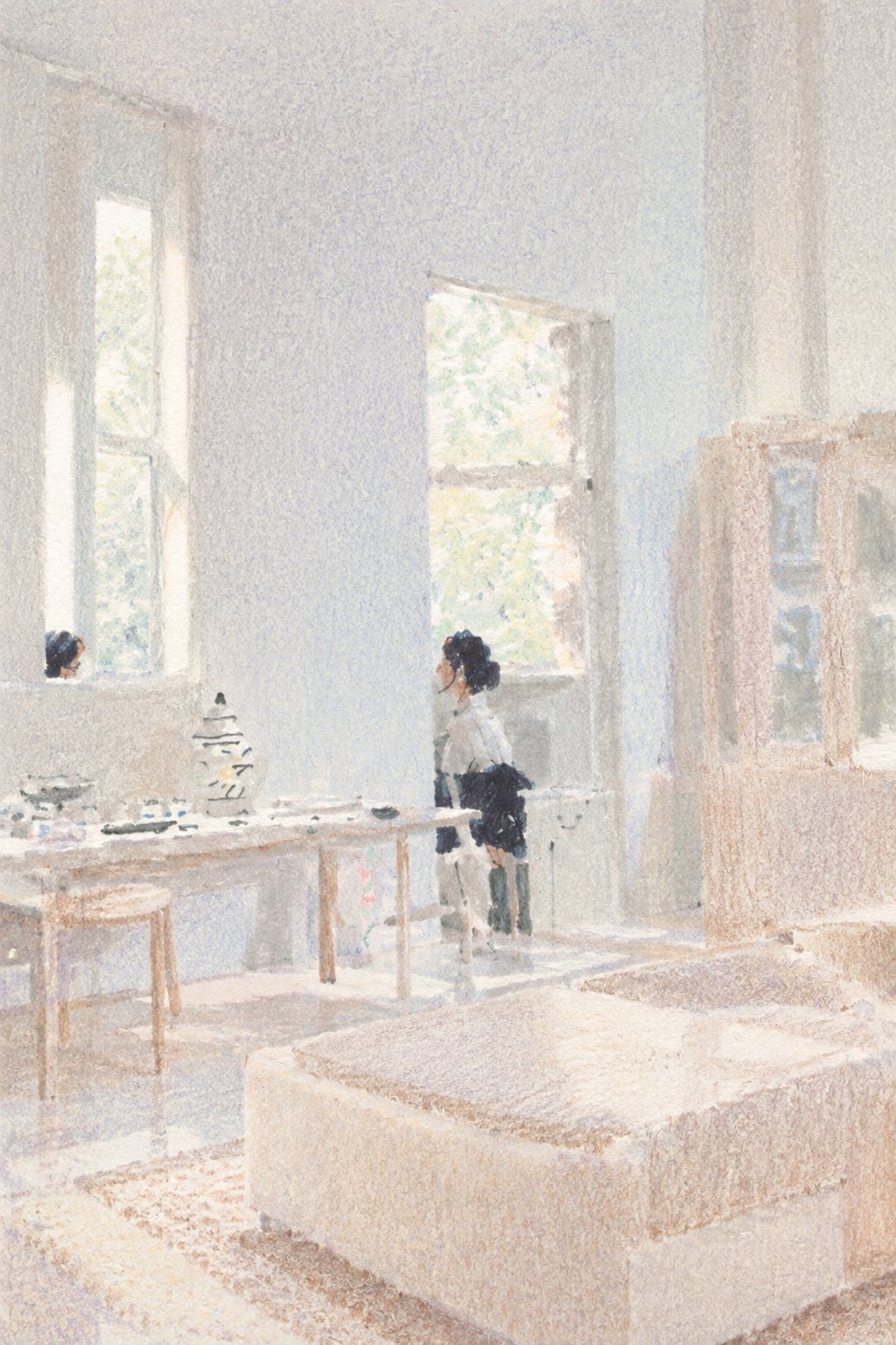 kokooma pencil-and-muted-color illustration of a quiet riverside scene