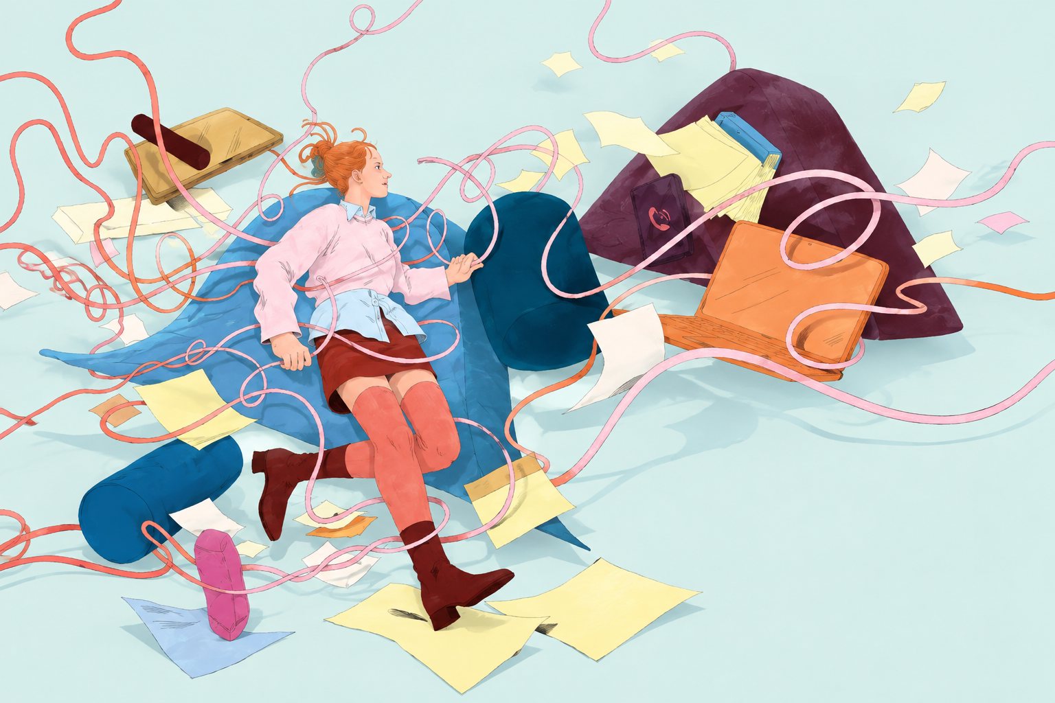 Thomke Meyer illustration: wind-swept hair, twisting vines and a mid-stride figure
