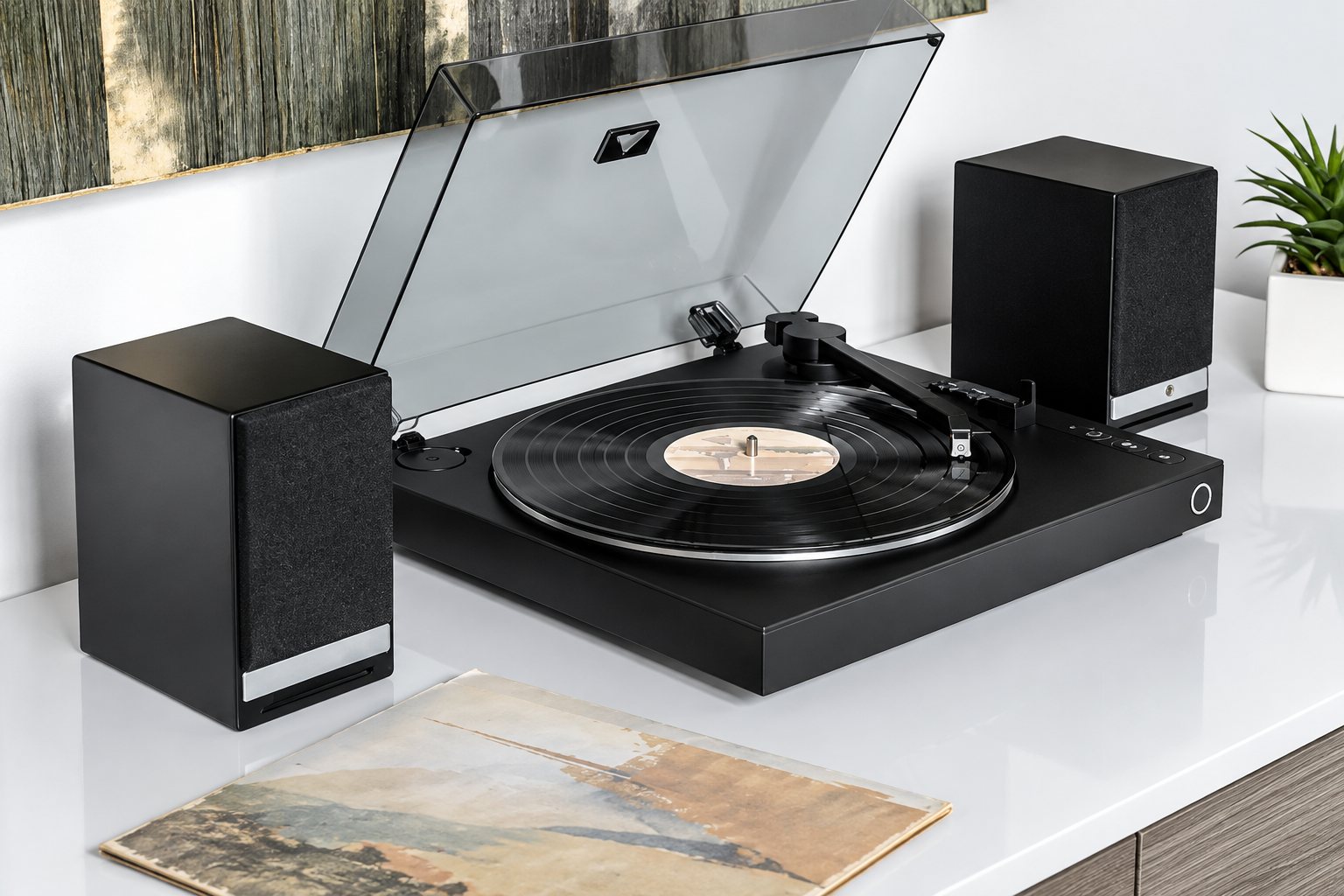 Turntable on sale with vinyl records and price tags indicating a Labor Day discount
