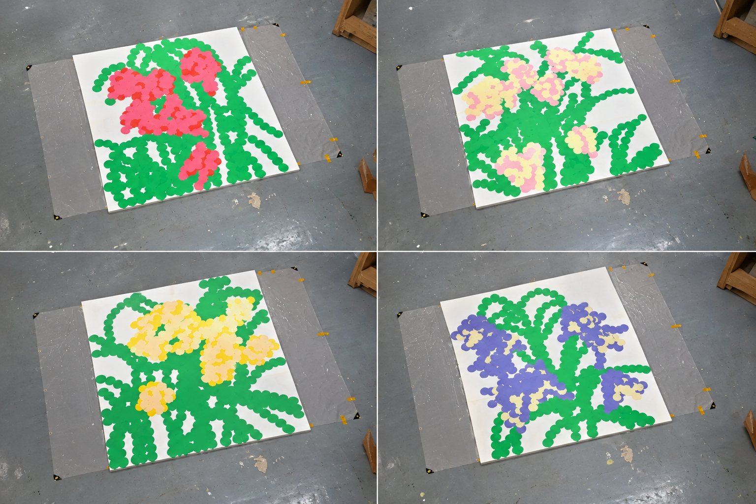 Ayong Son's hand-cut paper flower floor installation photographed from above in hot pinks, reds and greens
