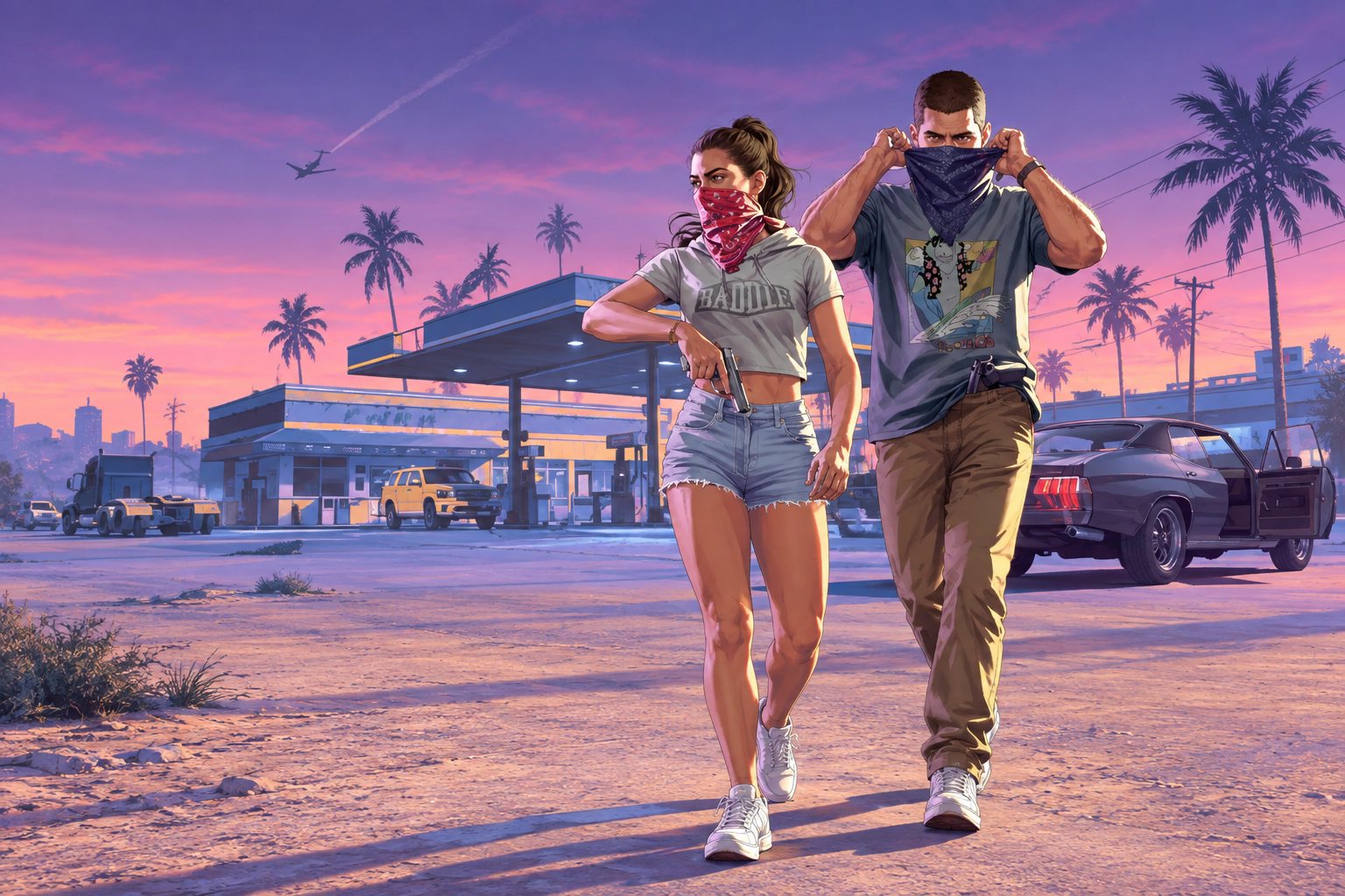 GTA 6 neon Vice City box art with boat, car, chopper and alligator