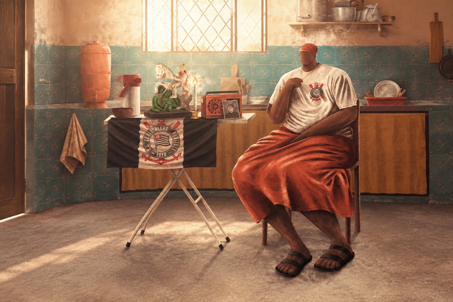 Warm, textured illustration by Gabriel Diogo showing Brazilian backyard, football shirt and fans in sunlit tones