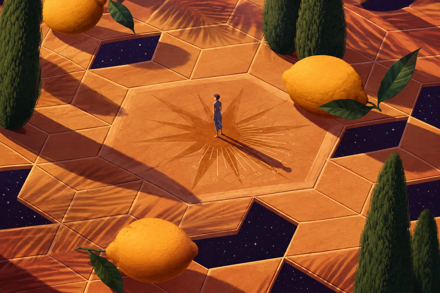 Surreal still life by Myriam Wares: cypress, oversized citrus on patterned tile with a dusting of snow