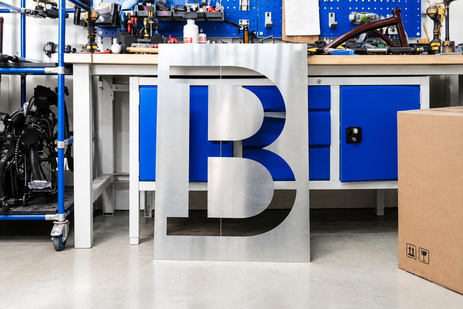 Oversized metal letters spelling the new Brompton Slab typeface on the Greenford factory floor